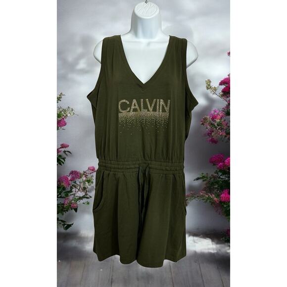 Calvin Klein Olive Green Romper Sz Large Shorts Sleeveless V-Neck Pockets - Picture 1 of 6